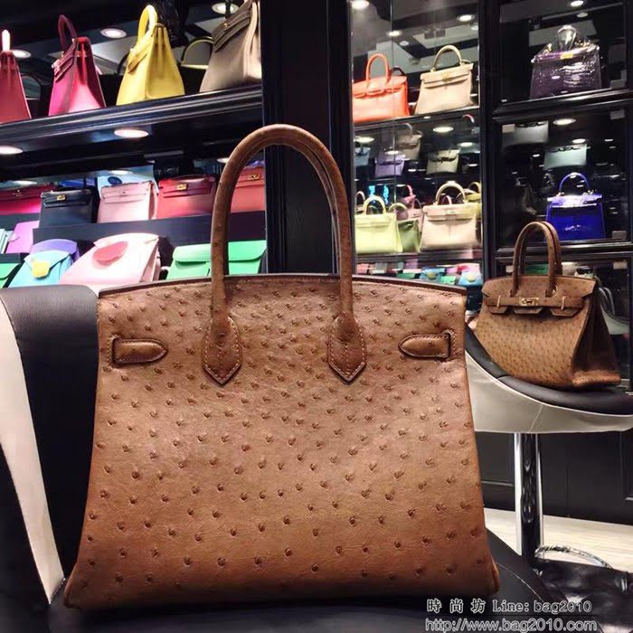 HERMES愛馬仕 鉑金包 Birkin 30 南非原產KK級鴕鳥皮 頂級工藝 土黃 手縫蠟線 手提包  Ama1229
